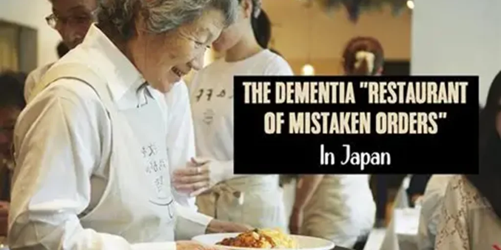 Elderly woman with dementia serving food at the 'Restaurant of Mistaken Orders' in Japan, a unique dining concept that raises awareness and compassion for dementia.